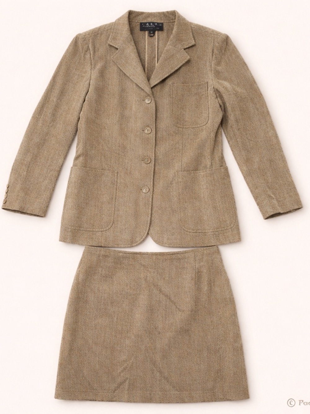 Ralph Lauren Blue Label Vintage Tan Herringbone Wool Blazer and Skirt Set Size 8
